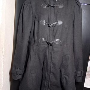 Aeropostale black duffle coat with hood and toggle buttons. Size L